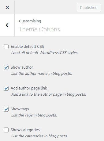 Theme Options: - Enable default CSS - Show author - Add author page link - Show tags - Show categories