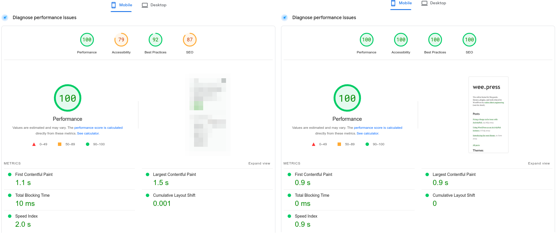Comparison of their site and wee.press in Google Pagespeed Insights