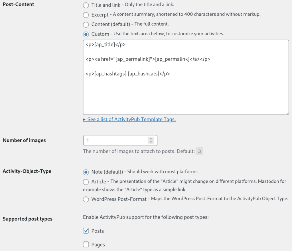 ActivityPub settings for: Post-Content, Number of images, Activity-Object-Type, Supported post types